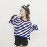 夏季新款韩国chic蓝白拼色长袖条纹防晒针织t恤女薄款空调衫罩衫