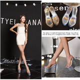 2016新款15cm超高跟拖鞋女夏夜店性感透明水晶坡跟厚底公主模特鞋