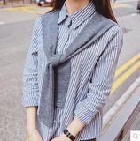 2016春装韩版学院风海军翻领竖条纹长袖系带衬衫女学生假两件衬衣