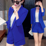 春夏韩版女装显瘦蓝色一粒扣OL中袖小西服短裤休闲职业套装两件套