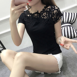 2016夏季新款韩版性感上衣镂空蕾丝短袖t恤女修身显瘦纯棉体恤潮