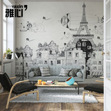 雅心素描巴黎城市电视背景墙纸个性创意现代简约壁纸大型定制壁画