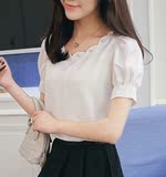 韩版短袖雪纺衫女装夏季新款镶钻显瘦气质宽松短款白色上衣小衬衫