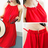 夏季红色连衣裙海边度假沙滩裙露肩挂脖小红裙子修身显瘦吊带短裙