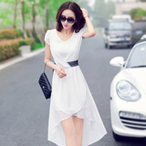 2016新款夏装韩版不规则白色雪纺连衣裙修身显瘦中长款燕尾裙女