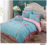 韩版公主风蕾丝花朵床罩床裙式4四件套 纯色花边被套床套1.5/1.8m