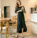 夏季新款韩版女装长款连衣裙莫代尔棉一字领露肩性感修身大摆长裙