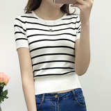 2016夏季新款韩版黑白条纹薄针织衫女 套头修身短袖百搭T恤上衣潮