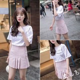 2016夏季新品韩国学院风时尚甜美可爱白T恤+百褶粉色半身裙套装女