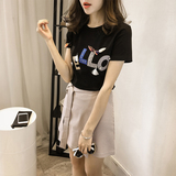 小V家 短袖t恤女装夏2016新款韩版学生大码印花字母流苏圆领上衣