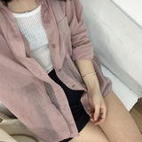 夏装新款韩范学院风宽松显瘦裸粉色衬衣 学生防晒长袖衬衫女上衣