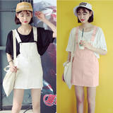 韩国2016新款背带裙 女 夏学院风修身显瘦浅粉色棉布连衣裙 短裙