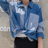 东大门秋装2016新韩版撞色拼接长袖中长款牛仔衬衫女牛仔衬衣上衣
