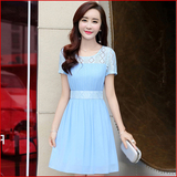 韩版时尚短袖A字裙2016夏季新款女装中长款蕾丝修身雪纺连衣裙女