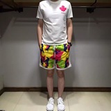 2016夏季意大利奢侈商场迷彩系列套装枫叶T+迷彩短裤男韩版修身潮