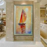 帆船油画竖版一帆风顺海景装饰画竖幅玄关进门走廊过道挂画入户画