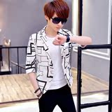 修身格子小西服中袖男士韩版薄款外套非主流夏季7七分袖小西装潮