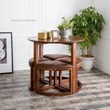 复古实木圆桌椅美式全实木圆形餐桌家用型创意复古餐桌组合茶桌