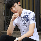 2016短袖衬衫男士夏季韩版时尚休闲衬衣青年印花修身潮男寸衫上衣