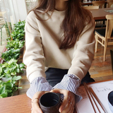 2016春季韩国东大门代购个性拼接条纹喇叭袖假两件圆领纯色卫衣女