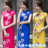 新款时尚复古传统旗袍数码印花花色中国风民国弹力修身长款旗袍裙