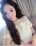 2016黑色白色春夏装新款韩版女装蕾丝镂空短袖打底衫雪纺衫上衣