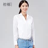 QC初棉2016秋装新品纯棉白色女式长袖复古立领白衬衫