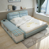 布艺床可拆洗双人床1.8米榻榻米床 现代简约 软体床 蓝色储物婚床