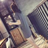 韩版2016夏季女装新款中长款连帽卫衣连衣裙子宽松短袖条纹短裙潮