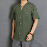 2016男士亚麻短袖t恤v领开衫衬衫加肥加大宽松棉麻半袖复古中国风