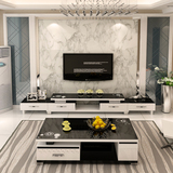 现代简约客厅钢化玻璃伸缩黑白电视机柜茶几组合套装烤漆板式特价