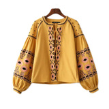 T1262欧美外贸女装门襟系带灯笼长袖刺绣民族风波西米亚棉麻外套
