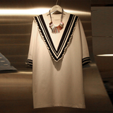 2016夏新款韩国代购纯色纯棉连衣裙中长款海军风打底衫短袖T恤女