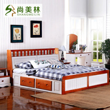 松木床全实木床 白色韩式床1.8田园床书架高箱床双人床婚床卧室