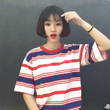 2016夏季新款韩版简约宽松彩色条纹T恤女短袖大码纯棉学生体恤潮