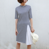 韩国夏季清新条纹薄针织开叉连衣裙中长款t+白色A字百褶裙半身裙