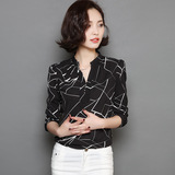 2016秋装新款 韩版小立领气质修身条纹印花雪纺衫衬衫女长袖小衫