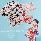 纯棉麻布 日式和风樱花图案夏季汤衣 睡衣家居服裙套装