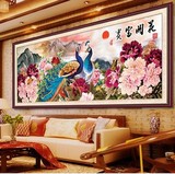 手工十字绣成品花开富贵孔雀牡丹图 新款2米客厅沙发装饰画挂画