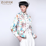 ZOPIN作品2015春季新品女装 直筒长袖立领印花短外套女Z14S1J038
