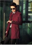 新款韩国 韩版男装帅气修身 毛呢子外套 酒红色 毛呢大衣 Q-340