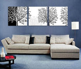 黑白发财树抽象挂画|时尚客厅装饰画|现代沙发背景墙无框画三联画