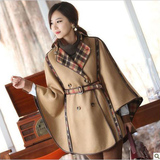 2015秋冬装新品韩版女装正反两穿羊绒呢子大衣斗蓬格子羊毛呢外套
