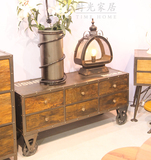 美式工业风复古实木电视柜 老松木抽屉斗柜茶几出口装饰家具铁艺