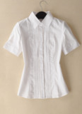 外贸原单 剪标蕾丝小花边 职业女显瘦白色短袖衬衣OL通勤修身衬衫