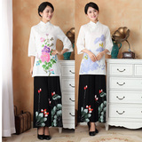 中式唐装夏装棉麻女中袖上衣2016文艺汉服七分袖衬衫茶艺师上衣