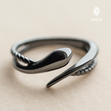 LINXUS绳蛇 925银镀铂金开口情侣戒指 男女个性尾戒黑色原创设计