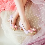 2015春季新款韩国公主蝴蝶结亮片水钻瓢鞋甜美粗跟中跟少女单鞋子