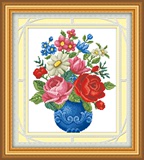 房间书房挂画蓝瓶玫瑰花卉盆景系列新款精准印花十字绣不偏格包邮