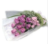 19支紫色玫瑰+1只小熊扇形包装 生日花束爱情花束北京花店
